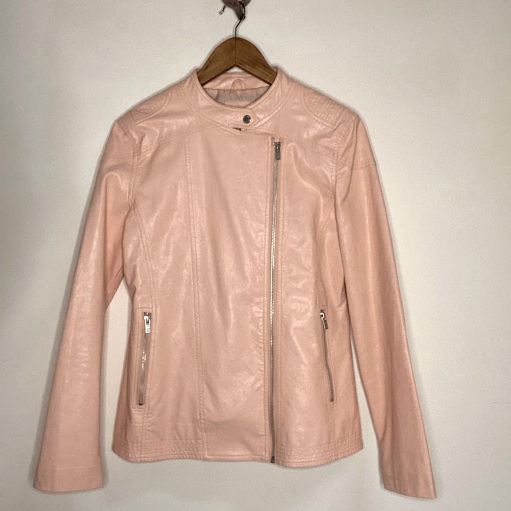 leather jacket European Pepe jeans London rose gold peach motorcycle style L